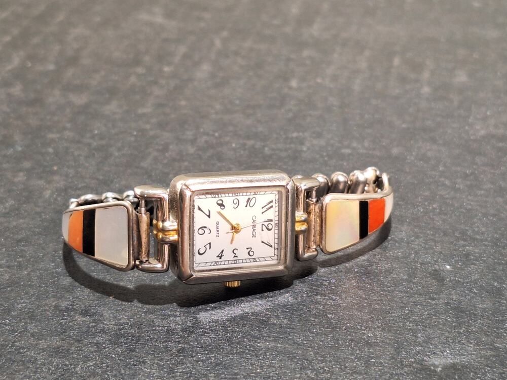 Sterling Watch Tips Mother of Pearl Coral Onyx Inlay Timex Carriage Quartz